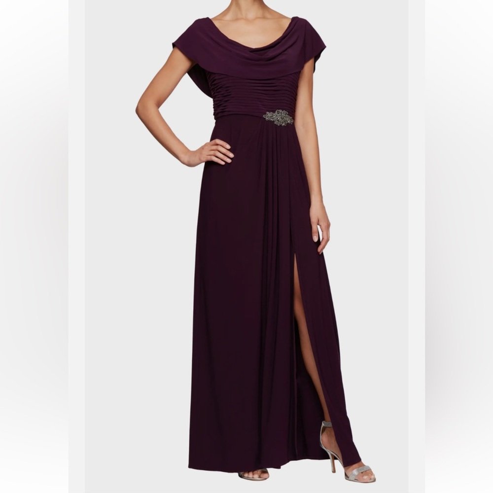 Alex Evenings Size 16 Plum Cowl Neck Gown with Rhinestone Accent